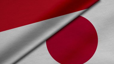 Endonezya Cumhuriyeti ve Japonya 'dan gelen iki bayrağın kumaş dokusu, ikili ilişkiler, ülkeler arasındaki barış ve ihtilaf ile birlikte üç boyutlu yorumlanması, arka plan için harika