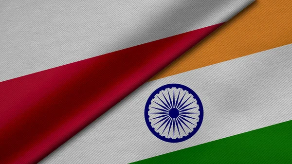 Polonya Cumhuriyeti ve Hindistan 'dan gelen iki bayrağın kumaş dokusu, ikili ilişkiler, ülkeler arasındaki barış ve ihtilaf ile birleştirilmesi, arka plan için harika