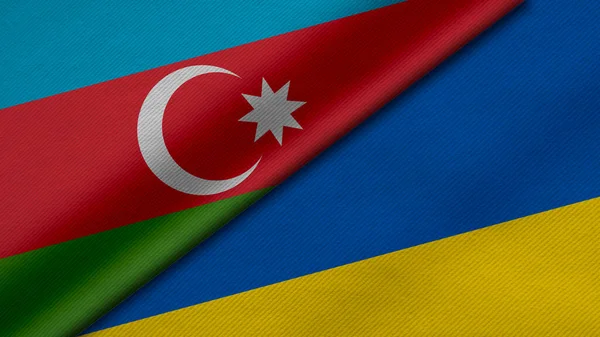 Azerbaycan ve Ukrayna 'dan gelen iki bayrağın kumaş dokusu, ikili ilişkiler, ülkeler arasındaki barış ve ihtilaf ile birlikte 3D olarak yorumlanması, arka plan için harika