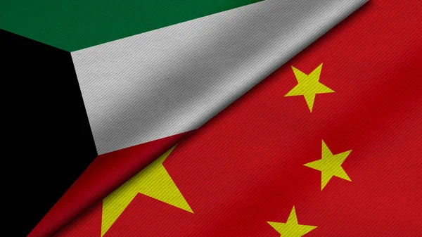 Rendering Two Flags State Kuwait China Fabric Texture Bilateral Relations — Stock Photo, Image