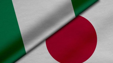 3 Boyutlu Nijerya ve Japonya Federal Cumhuriyeti bayraklarının kumaş dokusu, ikili ilişkiler, ülkeler arası barış ve çatışma ile birleştirilmesi, arka plan için harika