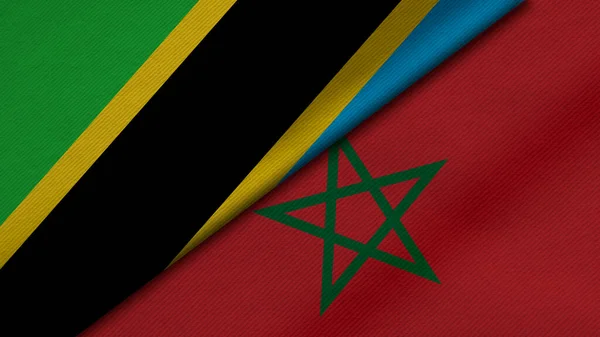 坦桑尼亚联合共和国和摩洛哥王国两面国旗的3D渲染 加上面料质地 双边关系 国家间和平与冲突 背景非常好 — 图库照片