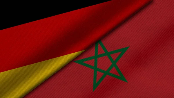 3D展示了德意志联邦共和国和摩洛哥王国的两面国旗 同时展示了面料 双边关系 和平与国家间冲突的伟大背景 — 图库照片