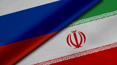 Rusya Federasyonu ve İran İslam Cumhuriyeti 'nden gelen iki bayrağın kumaş dokusu, ikili ilişkiler, barış ve ülkeler arasındaki çatışmanın 3 boyutlu şekilde yorumlanması, geçmiş için harika bir şey.