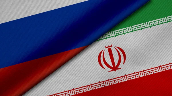 Rusya Federasyonu ve İran İslam Cumhuriyeti 'nden gelen iki bayrağın kumaş dokusu, ikili ilişkiler, barış ve ülkeler arasındaki çatışmanın 3 boyutlu şekilde yorumlanması, geçmiş için harika bir şey.
