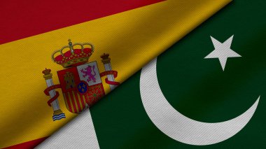 İspanya Krallığı ve Pakistan Cumhuriyeti 'nden gelen iki bayrağın kumaş dokusu, ikili ilişkiler, barış ve ülkeler arasındaki çatışmanın 3 boyutlu şekilde yorumlanması, arka plan için harika