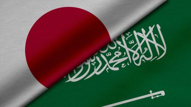 Japonya ve Suudi Arabistan 'ın iki bayraklarının kumaş dokusu, ikili ilişkiler, ülkeler arasındaki barış ve ihtilaf ile birleştirilmesi, arka plan için harika