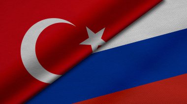 Türkiye Cumhuriyeti ve Rusya Federasyonu 'ndan gelen iki bayrağın kumaş dokusu, ikili ilişkiler, ülkeler arasındaki barış ve ihtilaf ile birleştirilmesi, geçmiş için harika
