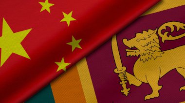 Çin ve Sri Lanka Cumhuriyeti 'nden gelen iki bayrağın kumaş dokusu, ikili ilişkiler, barış ve ülkeler arasındaki çatışmanın 3 boyutlu şekilde yorumlanması, arka plan açısından harika