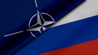 Nato ve Rusya Federasyonu 'ndan iki bayrağın, kumaş dokusu, ikili ilişkiler, barış ve ülkeler arasındaki çatışmanın 3 boyutlu şekilde yorumlanması, arka plan açısından harika