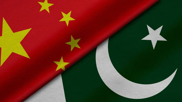 Çin ve Pakistan Cumhuriyeti 'nden gelen iki bayrağın kumaş dokusu, ikili ilişkiler, ülkeler arasındaki barış ve ihtilaf ile birleştirilmesi, arka plan için harika
