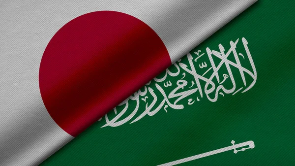 Japonya ve Suudi Arabistan 'ın iki bayraklarının kumaş dokusu, ikili ilişkiler, ülkeler arasındaki barış ve ihtilaf ile birleştirilmesi, arka plan için harika