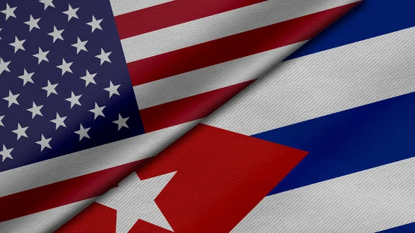 Amerika Birleşik Devletleri ve Küba Cumhuriyeti 'nden gelen iki bayrağın kumaş dokusu, ikili ilişkiler, ülkeler arasındaki barış ve ihtilaf ile birlikte üç boyutlu yorumlanması, arka plan için harika