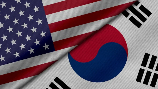 Amerika Birleşik Devletleri ve Kore Cumhuriyeti 'nden gelen iki bayrağın kumaş dokusu, ikili ilişkiler, ülkeler arası barış ve ihtilaf ile birlikte 3D olarak yorumlanması, arka plan için harika