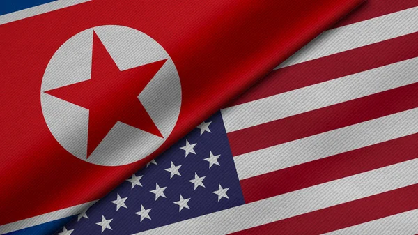 Kore Demokratik Halk Cumhuriyeti ve Amerika Birleşik Devletleri 'nden gelen iki bayrağın kumaş dokusu, ikili ilişkiler, ülkeler arasındaki barış ve ihtilaf ile birleştirilmesi, arka plan için harika