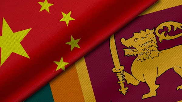 Çin ve Sri Lanka Cumhuriyeti 'nden gelen iki bayrağın kumaş dokusu, ikili ilişkiler, barış ve ülkeler arasındaki çatışmanın 3 boyutlu şekilde yorumlanması, arka plan açısından harika