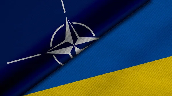 Nato ve Ukrayna 'dan gelen iki bayrağın kumaş dokusu, ikili ilişkiler, barış ve ülkeler arasındaki çatışmanın 3 boyutlu şekilde yorumlanması, arka plan için harika