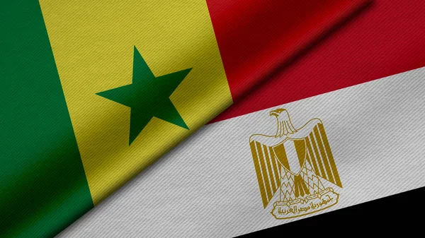 3D展示塞内加尔共和国和阿拉伯埃及共和国的两面国旗 以及面料质地 双边关系 国家间和平与冲突 背景非常好 — 图库照片