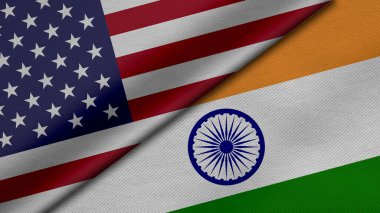 Amerika Birleşik Devletleri ve Hindistan 'dan gelen iki bayrağın kumaş dokusu, ikili ilişkiler, barış ve ülkeler arasındaki çatışmanın 3 boyutlu şekilde yorumlanması, arka plan için harika