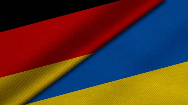 Almanya Cumhuriyeti ve Ukrayna 'dan gelen iki bayrağın kumaş dokusu, ikili ilişkiler, ülkeler arasındaki barış ve ihtilaf ile birleştirilmesi, arka plan için harika
