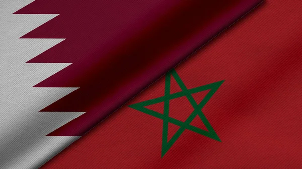 卡塔尔和摩洛哥王国两国国旗的3D绘制 加上面料 双边关系 和平与国家间冲突 对背景很有帮助 — 图库照片