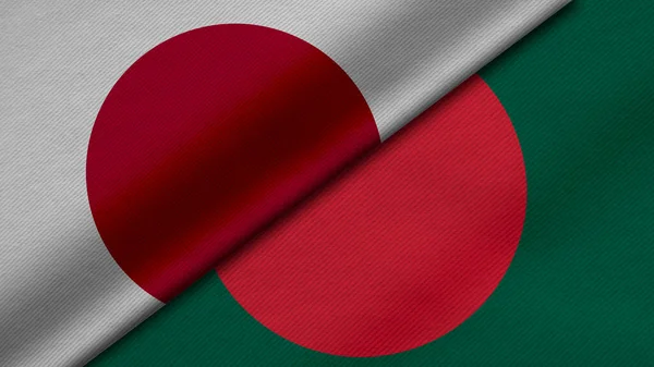 Japonya ve Bangladeş Halk Cumhuriyeti 'nin üç boyutlu bayraklarının kumaş dokusu, ikili ilişkiler, ülkeler arası barış ve çatışma ile birleştirilmesi, arka plan için harika