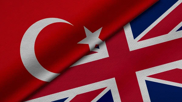 Türkiye Cumhuriyeti, Birleşik Krallık veya İngiltere 'nin iki bayrağının kumaş dokusu, ikili ilişkiler, barış ve ülkeler arasındaki çatışmanın 3 boyutlu şekilde yorumlanması, arka plan açısından harika