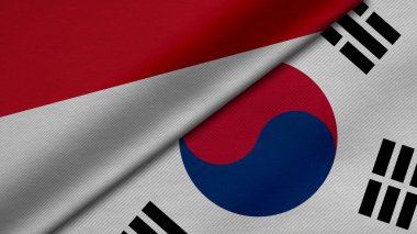 Endonezya Cumhuriyeti ve Kore Cumhuriyeti 'nden gelen iki bayrağın kumaş dokusu, ikili ilişkiler, ülkeler arasındaki barış ve ihtilaf ile birlikte 3D olarak yorumlanması, arka plan için harika