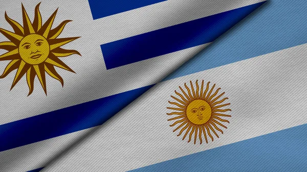Rendering Två Flaggor Från Uruguay Och Argentina Tillsammans Med Tyg — Stockfoto