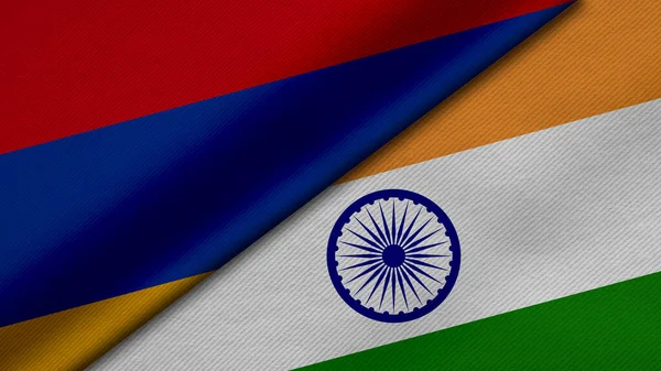 Ermenistan ve Hindistan 'dan gelen iki bayrağın kumaş dokusu, ikili ilişkiler, ülkeler arasındaki barış ve ihtilaf ile birlikte 3D olarak yorumlanması, arka plan için harika
