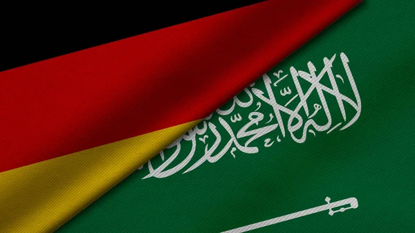 Almanya Cumhuriyeti ve Suudi Arabistan 'ın üç boyutlu bayraklarının kumaş dokusu, ikili ilişkiler, barış ve ülkeler arasındaki çatışmalar ile birleştirilmesi, arka plan için harika