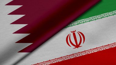 Katar Devleti ve İran İslam Cumhuriyeti 'nin üç boyutlu bayraklarının kumaş dokusu, ikili ilişkiler, ülkeler arasındaki barış ve ihtilaf ile birleştirilmesi, arka plan için harika