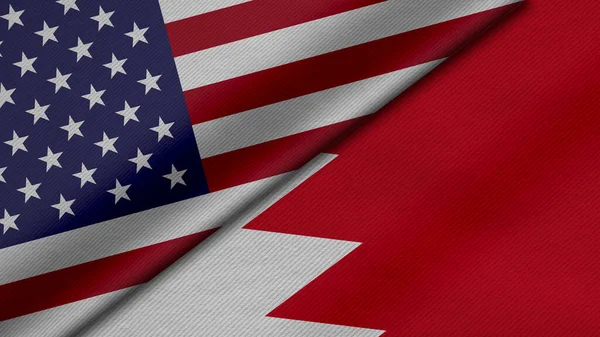 3D展示了美利坚合众国和巴林王国的两面国旗 并附有面料 双边关系 国家间和平与冲突等背景资料 — 图库照片