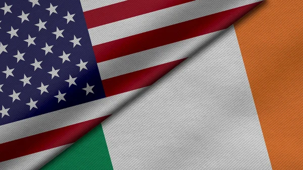 Amerika Birleşik Devletleri ve İrlanda Cumhuriyeti 'nden iki bayrağın kumaş dokusu, ikili ilişkiler, barış ve ülkeler arasındaki çatışmanın 3 boyutlu şekilde yorumlanması, arka plan için harika