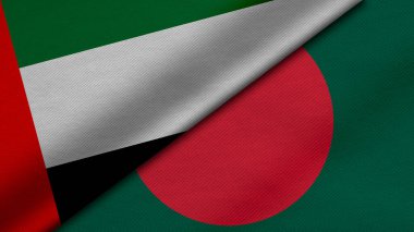 Birleşik Arap Emirlikleri ve Bangladeş Halk Cumhuriyeti 'nden gelen iki bayrağın kumaş dokusu, ikili ilişkiler, ülkeler arasındaki barış ve ihtilaf ile birleştirilmesi, arka plan için harika