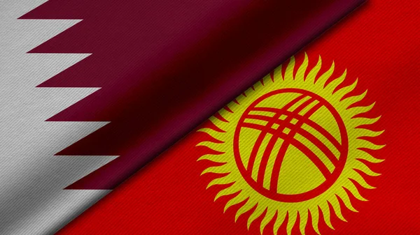 Katar Devleti ve Kırgız Cumhuriyeti 'nin iki bayrağının kumaş dokusu, ikili ilişkiler, barış ve ülkeler arasındaki çatışmanın 3 boyutlu şekilde yorumlanması, arka plan açısından harika