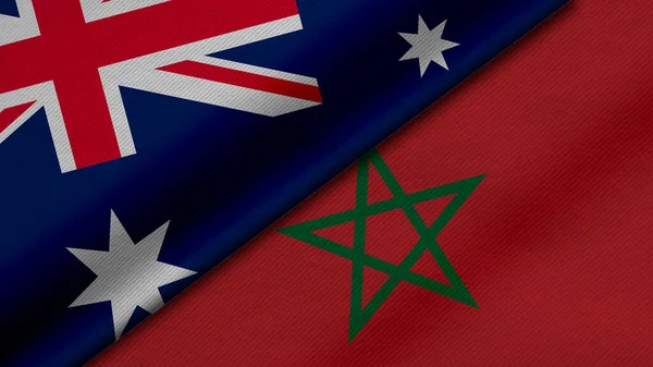 3D渲染来自澳大利亚联邦和摩洛哥王国的两面旗帜 以及面料质地 双边关系 和平与国家间冲突 很适合背景 — 图库照片