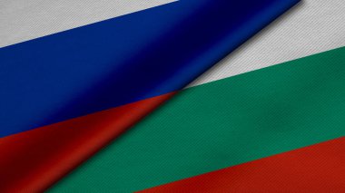 Rusya Federasyonu ve Bulgaristan Cumhuriyeti 'nden gelen iki bayrağın kumaş dokusu, ikili ilişkiler, ülkeler arasındaki barış ve ihtilaf ile birlikte 3D olarak yorumlanması, arka plan açısından harika
