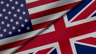 Amerika Birleşik Devletleri ve Birleşik Krallık veya İngiltere 'den gelen iki bayrağın kumaş dokusu, ikili ilişkiler, ülkeler arasındaki barış ve ihtilaf ile birlikte 3D olarak yorumlanması, arka plan için harika