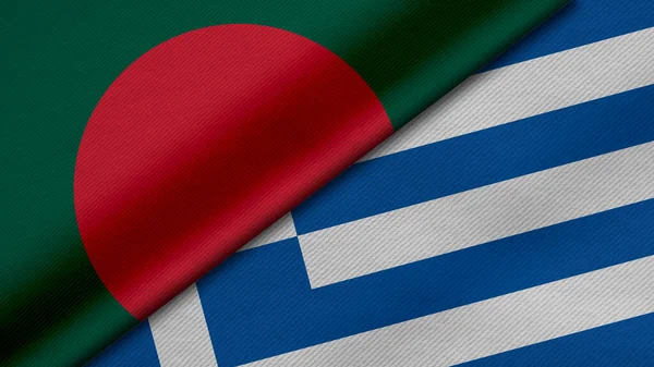 Bangladeş Cumhuriyeti ve Yunanistan 'ın iki bayraklarının kumaş dokusu, ikili ilişkiler, barış ve ülkeler arasındaki çatışmanın 3 boyutlu şekilde yorumlanması, arka plan açısından harika
