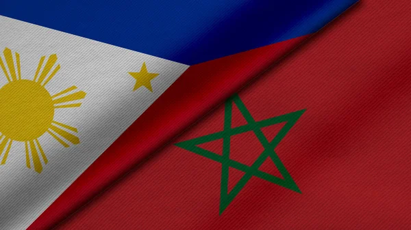3D展示菲律宾共和国和摩洛哥王国的两面国旗 同时展示面料 双边关系 国家间的和平与冲突 很好的背景 — 图库照片