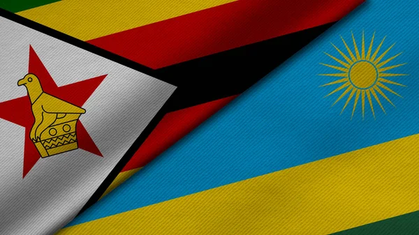 Üç boyutlu Zimbabwe Cumhuriyeti ve Ruanda Cumhuriyeti bayraklarının kumaş dokusu, ikili ilişkiler, ülkeler arası barış ve ihtilaf ile birleştirilmesi, arka plan için harika