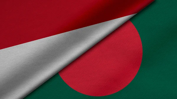 3D展示印度尼西亚共和国和孟加拉人民共和国的两面国旗 同时展示面料质地 双边关系 国家间和平与冲突 非常适合背景 — 图库照片