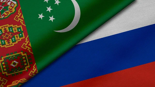Representación Dos Banderas Turkmenistán Federación Rusa Junto Con Textura Tela —  Fotos de Stock