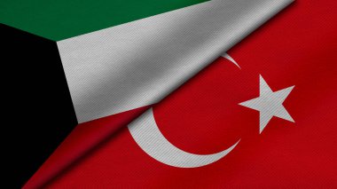 Kuveyt Devleti ve Türkiye Cumhuriyeti 'nden iki bayrağın kumaş dokusu, ikili ilişkiler, ülkeler arasındaki barış ve ihtilaf çerçevesinde üç boyutlu yorumlanması, arka plan açısından harika