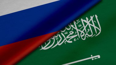 3D Rendering of two flags of Russian Federation and Saudi Arabia together with fabric texture, bilateral relations, peace and conflict between countries, great for background