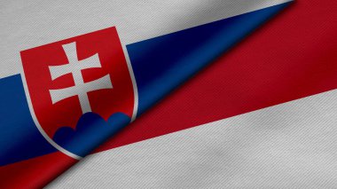 Slovakya Cumhuriyeti ve Endonezya Cumhuriyeti 'nden gelen iki bayrağın kumaş dokusu, ikili ilişkiler, ülkeler arasındaki barış ve ihtilaf ile birlikte 3D olarak yorumlanması, arka plan açısından harika
