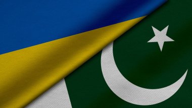 Ukrayna ve Pakistan Cumhuriyeti 'nden gelen iki bayrağın kumaş dokusu, ikili ilişkiler, barış ve ülkeler arasındaki çatışmanın 3 boyutlu şekilde yorumlanması, arka plan için harika