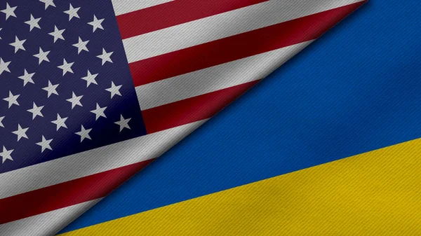 Amerika Birleşik Devletleri ve Ukrayna 'dan gelen iki bayrağın kumaş dokusu, ikili ilişkiler, barış ve ülkeler arasındaki çatışmanın 3 boyutlu şekilde yorumlanması, arka plan için harika