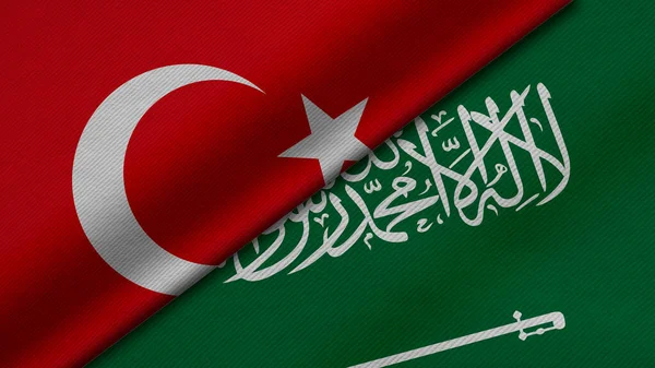Türkiye Cumhuriyeti ve Suudi Arabistan 'ın üç boyutlu bayraklarının kumaş dokusu, ikili ilişkiler, barış ve ülkeler arasındaki çatışmalar ile birleştirilmesi, arka plan açısından harika